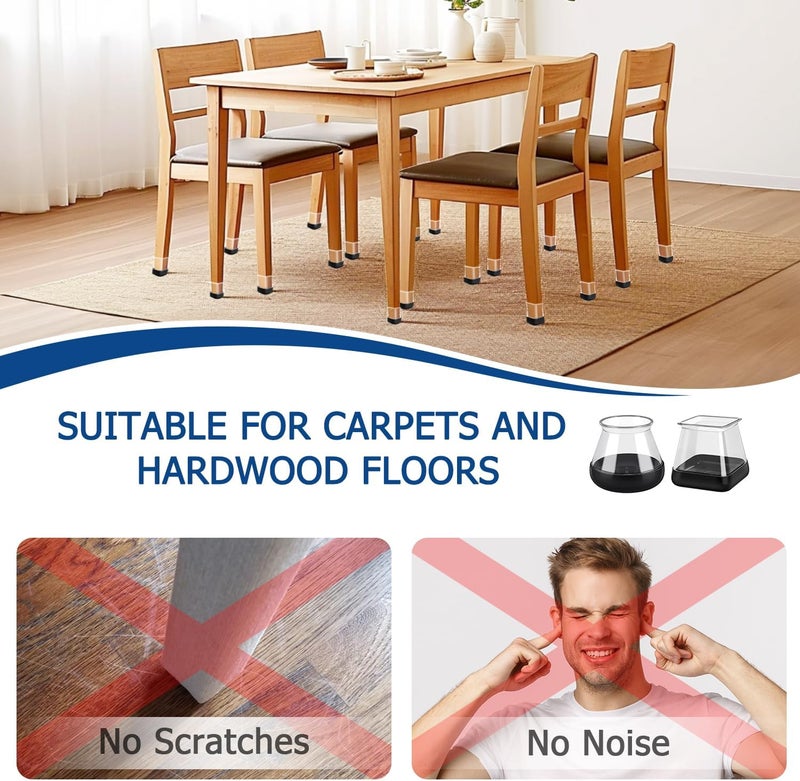 GICUNK 2024 New Chair Leg Floor Protectors Furniture Sliders for Hardwood Floors and Carpet Silicone Non Slip Reduce Noise 28 Pcs Clear Square XL Fit:1-1/2" ~ 1-3/4" - Image 5