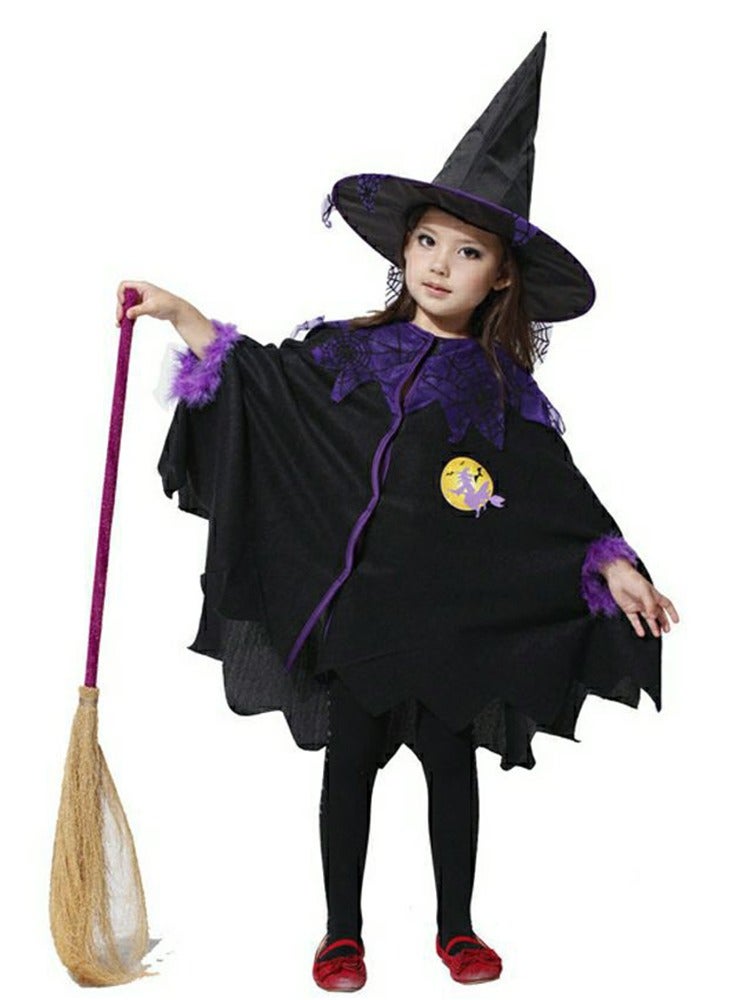 CityRiya-Long Kids Costumes Cape Witch Cloak Black Witch Cloak Girls Costumes Cape Robe Cosplay Party Cloak Devil Witch Wizard Robe with Hat & Broom Kids Fancy Party Dress Up Costumes for Kids Height 130cm - Image 1