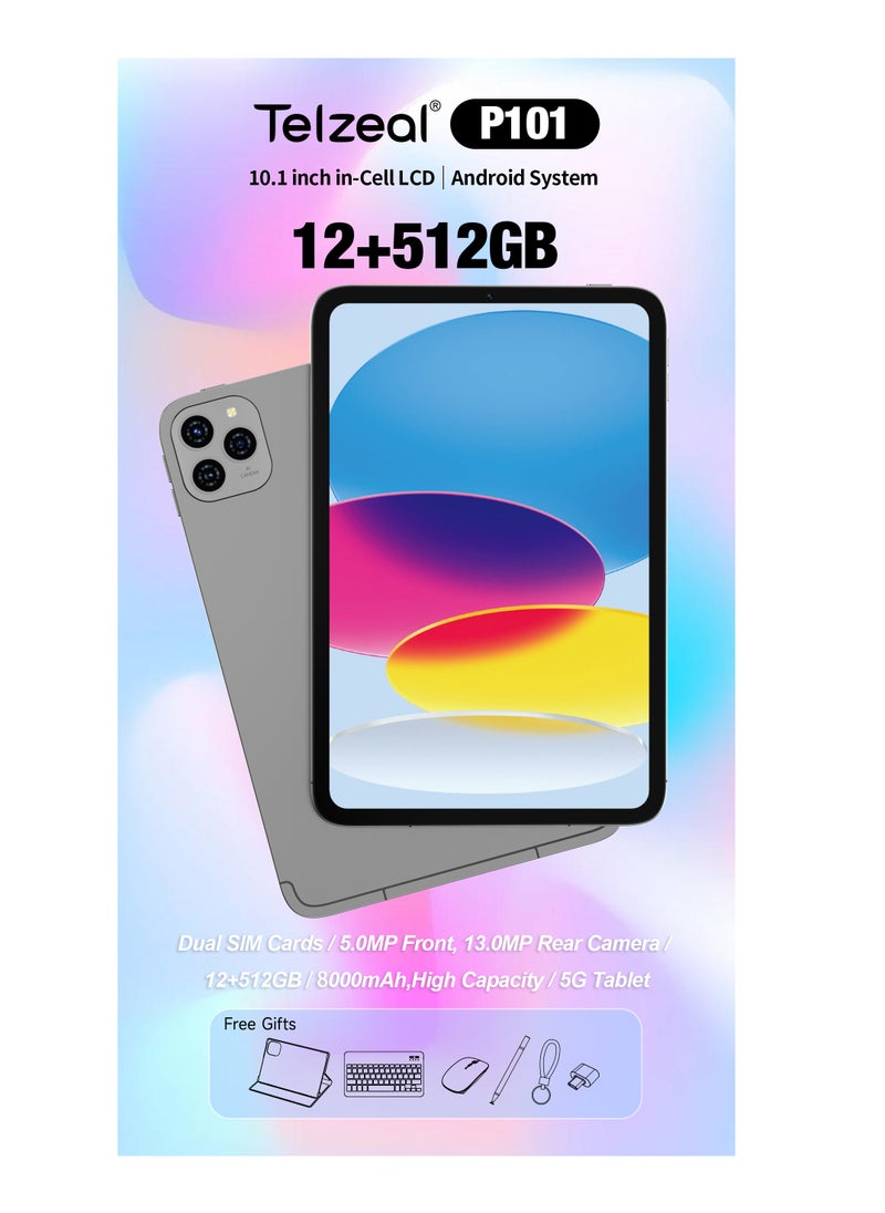 Telzeal - Telzeal P101 ,10.1 Inch Android 13 Tablet with 5G WiFi and Dual SIM 8GB RAM 512GB ROM 8000 mAh High Capacity Battery Wireless Keyboard and Mouse Grey - Image 1