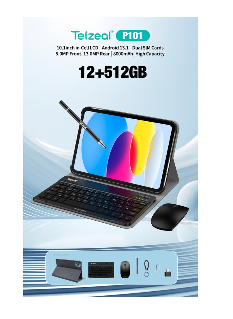 Telzeal - Telzeal P101 ,10.1 Inch Android 13 Tablet with 5G WiFi and Dual SIM 8GB RAM 512GB ROM 8000 mAh High Capacity Battery Wireless Keyboard and Mouse Grey - Image 1