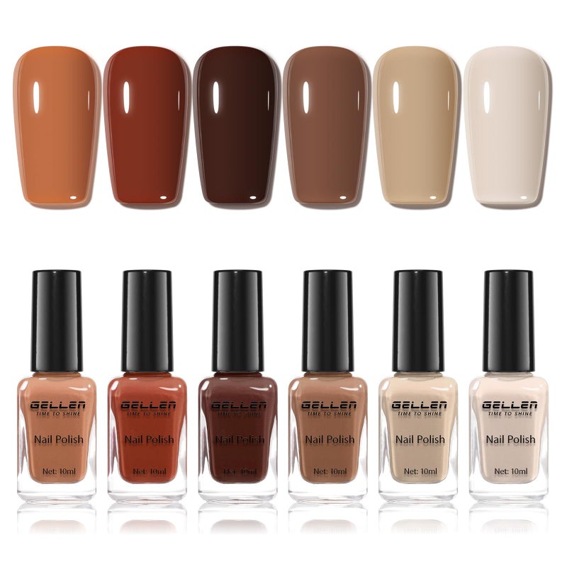 GELLEN Chocolate Brown Nail Polish Set, Fall Winter Brown Regular Nail Polish Quick Air Dry 6 Colors for Fingernail Toe Nails Home Salon Manicure Women Gifts, Not UV Gel, Hema Free, Non Toxic - Image 1