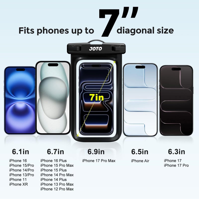 JOTO 2 Pack Universal Waterproof Phone Case for iPhone 17 Air 16 15 14 13 12 11 Plus Pro Max, IPX8 Cellphone Dry Bag XR X SE, Galaxy S23 S22 S21 S20+ S20 S10 Plus Note, Pixel up to 7" -Black - Image 4