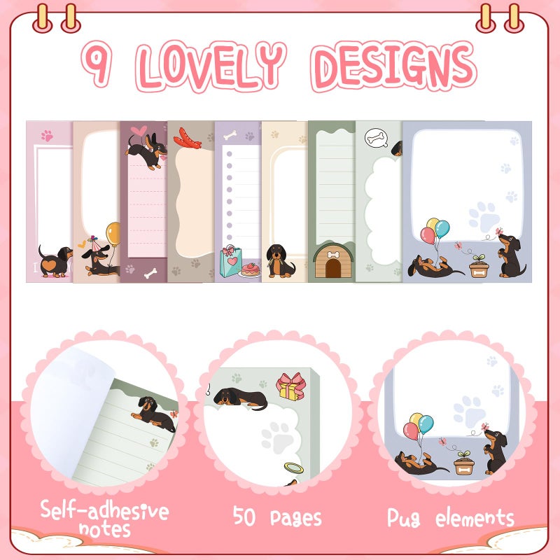Sabary 9 Pads Cute Sticky Notes Animal Sticky Note Pads 3.15 x 3.94 Inches Colored Adhesive Memo Reminder Decor for Journal School Office Gifts(Dachshund) - Image 2