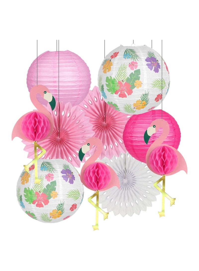 زينة حفلات الفلامنجو الاستوائية، مستلزمات ذات طابع هاواي مع فوانيس ورقية معلقة ومراوح من قماش النحل للاحتفالات الشاطئية الصيفية وزينة المنزل (وردي) - Image 1