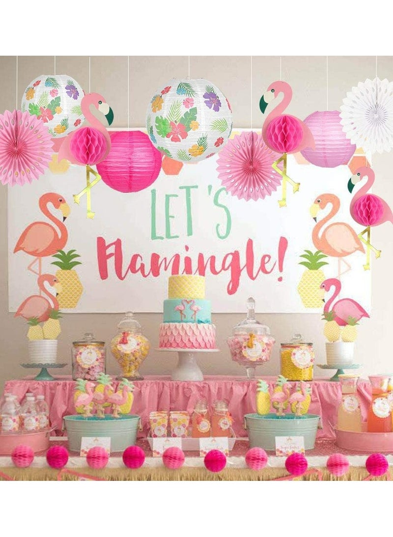 زينة حفلات الفلامنجو الاستوائية، مستلزمات ذات طابع هاواي مع فوانيس ورقية معلقة ومراوح من قماش النحل للاحتفالات الشاطئية الصيفية وزينة المنزل (وردي) - Image 3