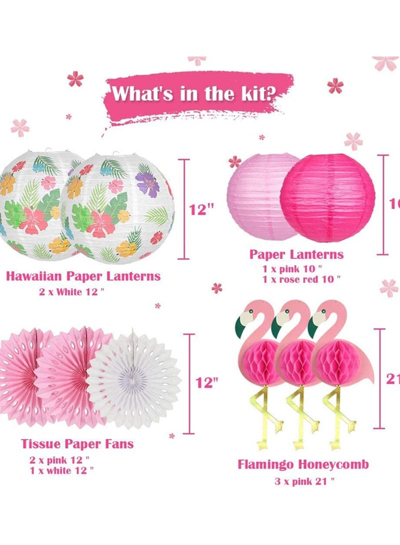 زينة حفلات الفلامنجو الاستوائية، مستلزمات ذات طابع هاواي مع فوانيس ورقية معلقة ومراوح من قماش النحل للاحتفالات الشاطئية الصيفية وزينة المنزل (وردي) - Image 4