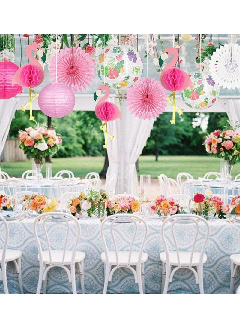زينة حفلات الفلامنجو الاستوائية، مستلزمات ذات طابع هاواي مع فوانيس ورقية معلقة ومراوح من قماش النحل للاحتفالات الشاطئية الصيفية وزينة المنزل (وردي) - Image 2