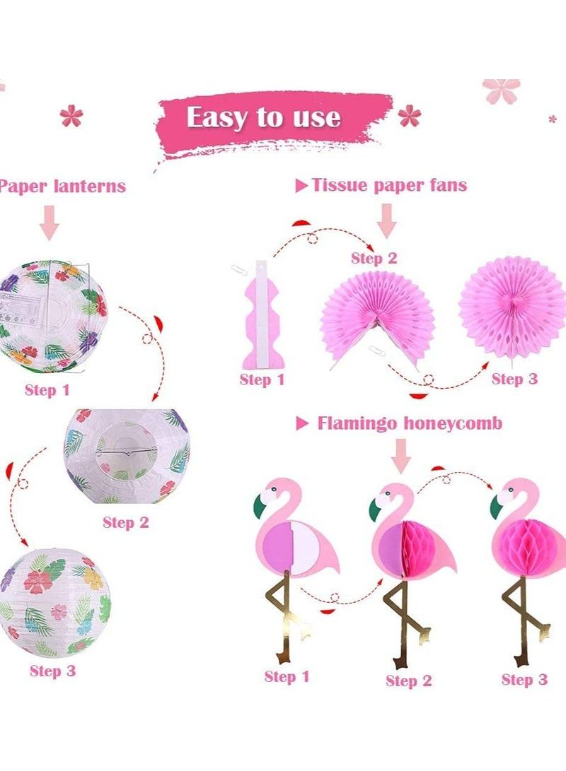 زينة حفلات الفلامنجو الاستوائية، مستلزمات ذات طابع هاواي مع فوانيس ورقية معلقة ومراوح من قماش النحل للاحتفالات الشاطئية الصيفية وزينة المنزل (وردي) - Image 5