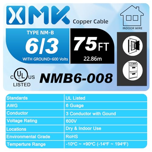 XMK NM-B 6/3 Wire with Ground,75ft 6/3 6 Gauge NM-B Wire Copper 6 AWG 3 Conductor with Ground,Nonmetallic Sheathed NMB Cable,6-3 Residential Indoor Wiring for Branch Circuit Switches,Outlets,Other Loads - Image 2