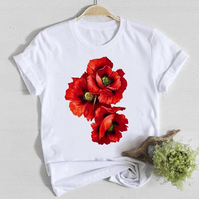 Horticultural Flowers Personality Pattern Round Neck Printed White T-Shirt Short Sleeve Women'S Wish/ - Image 1