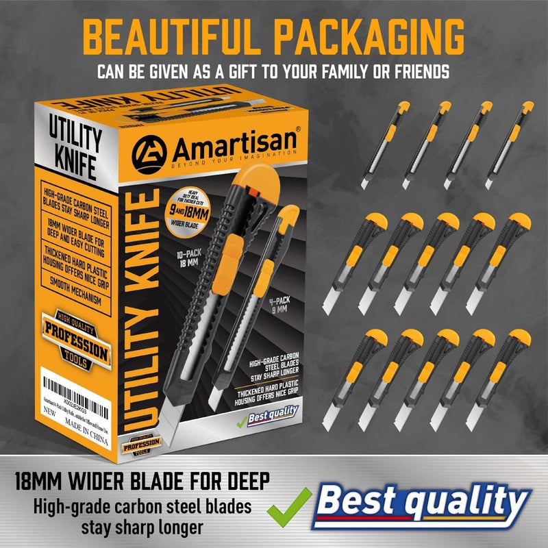 Amartisan 14-Piece Retractable Box Cutter, Utility Knifes for Boxes, Cartons, Cardboard Cutting, 18mm & 9mm Wide Blade Cutter, Very Suitable for Office and Home Use. - Image 5