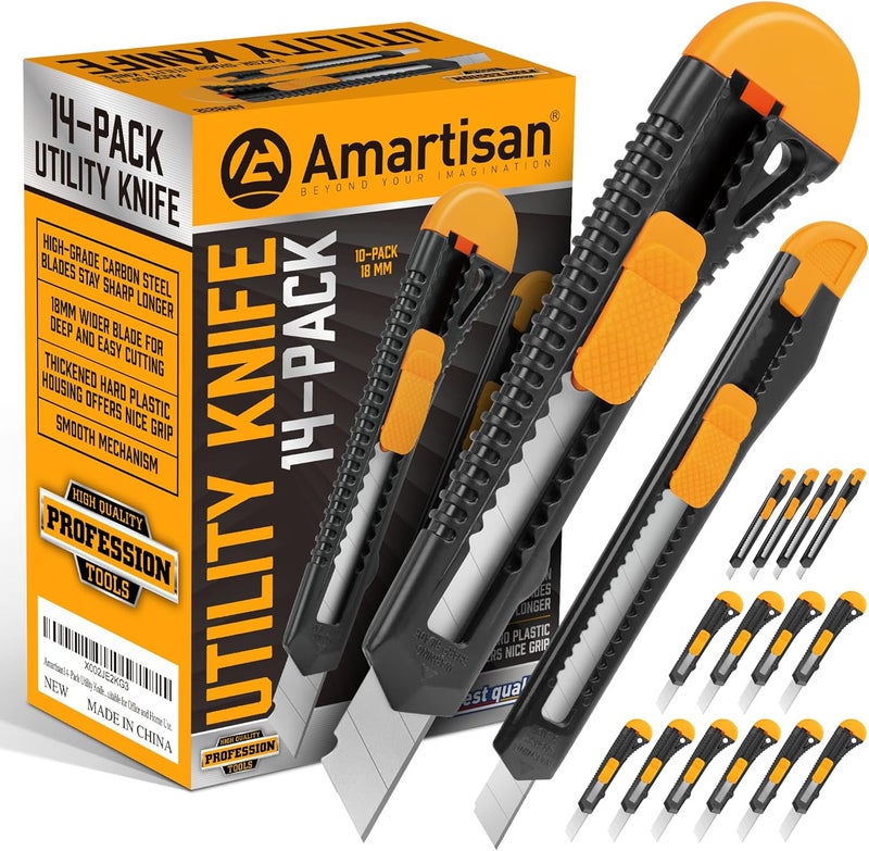 Amartisan 14-Piece Retractable Box Cutter, Utility Knifes for Boxes, Cartons, Cardboard Cutting, 18mm & 9mm Wide Blade Cutter, Very Suitable for Office and Home Use. - Image 1