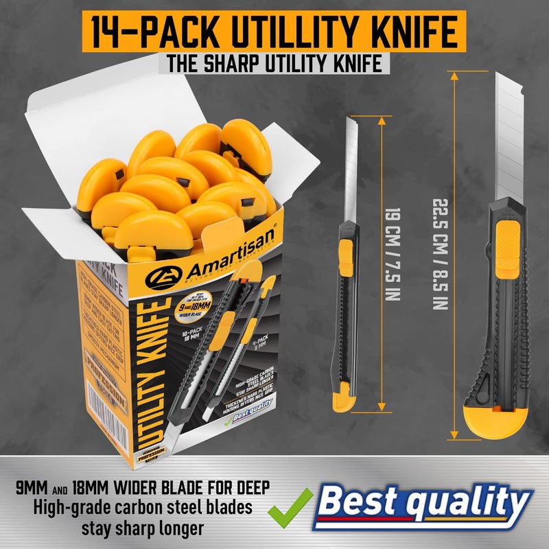 Amartisan 14-Piece Retractable Box Cutter, Utility Knifes for Boxes, Cartons, Cardboard Cutting, 18mm & 9mm Wide Blade Cutter, Very Suitable for Office and Home Use. - Image 4