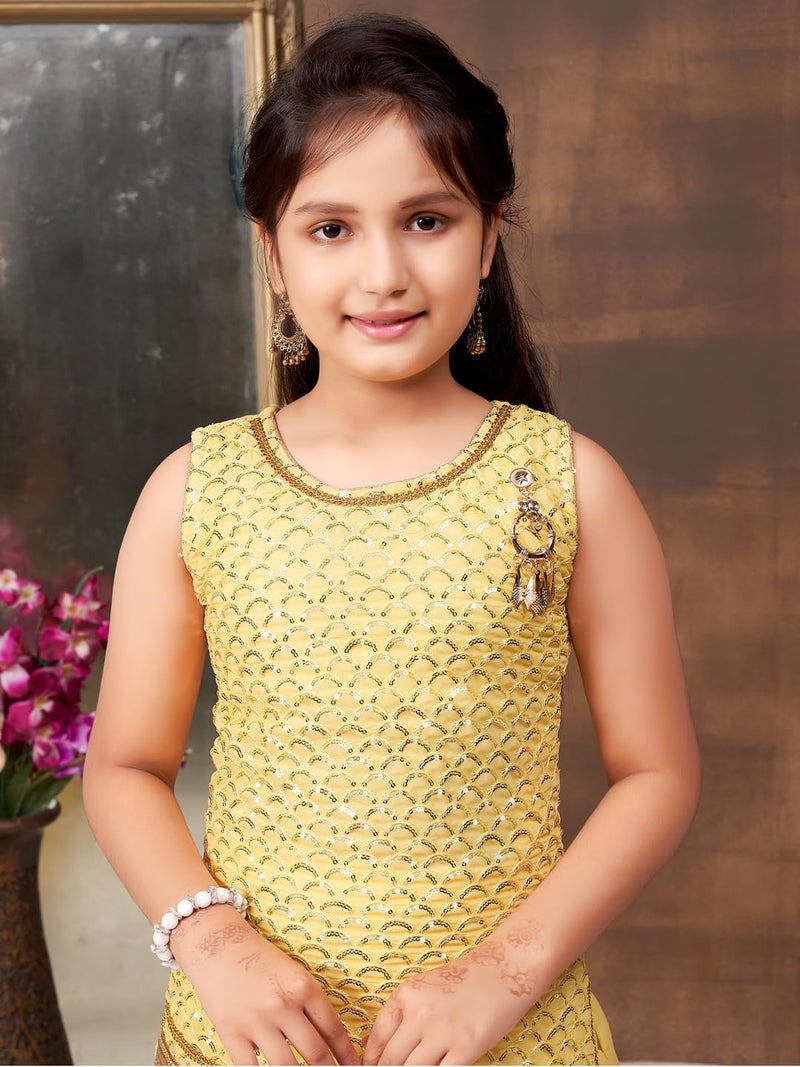 aarikka Aarika Girls Ethnic Wear Yellow Colour Sequin Embroidery Lace Work Georgette Kurti Patiala Set (4-10 Years) - Image 5