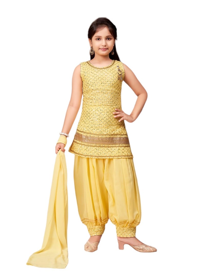 aarikka Aarika Girls Ethnic Wear Yellow Colour Sequin Embroidery Lace Work Georgette Kurti Patiala Set (4-10 Years) - Image 1