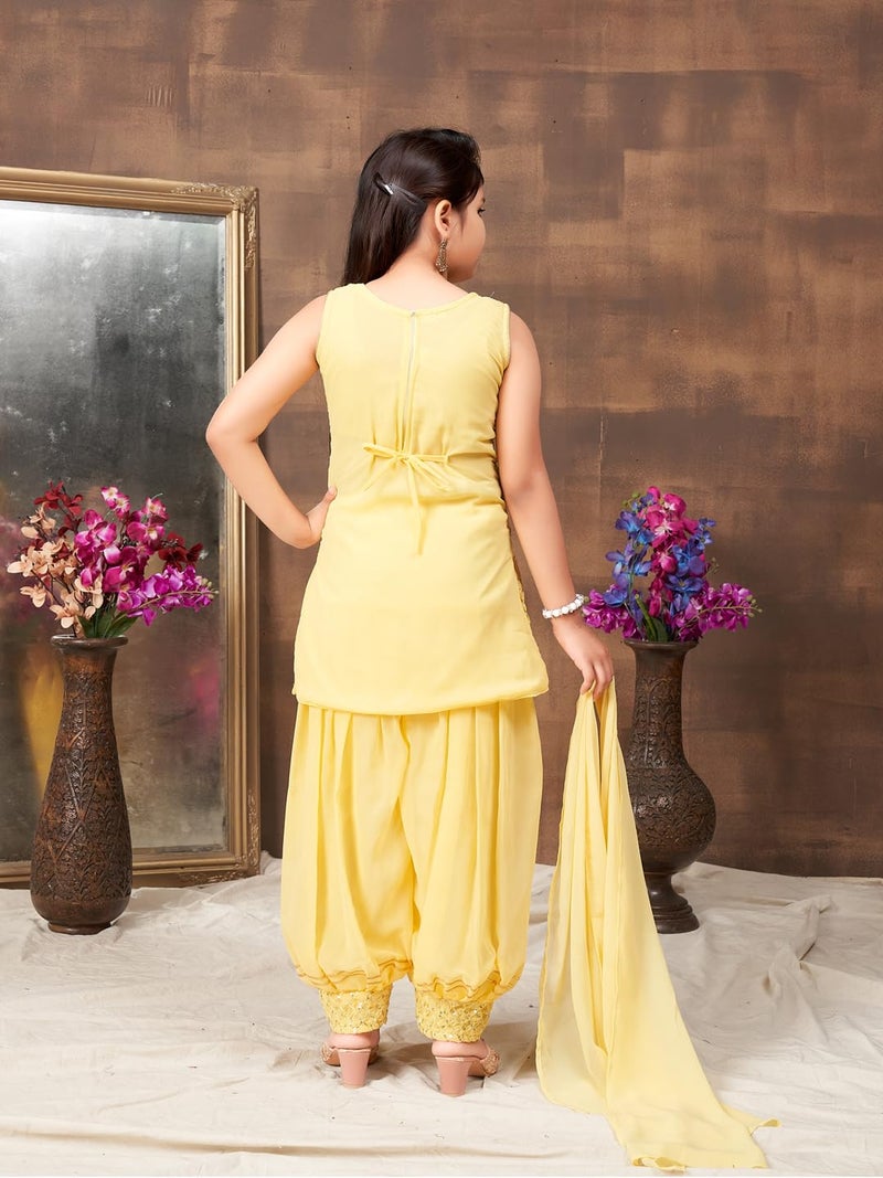 aarikka Aarika Girls Ethnic Wear Yellow Colour Sequin Embroidery Lace Work Georgette Kurti Patiala Set (4-10 Years) - Image 4