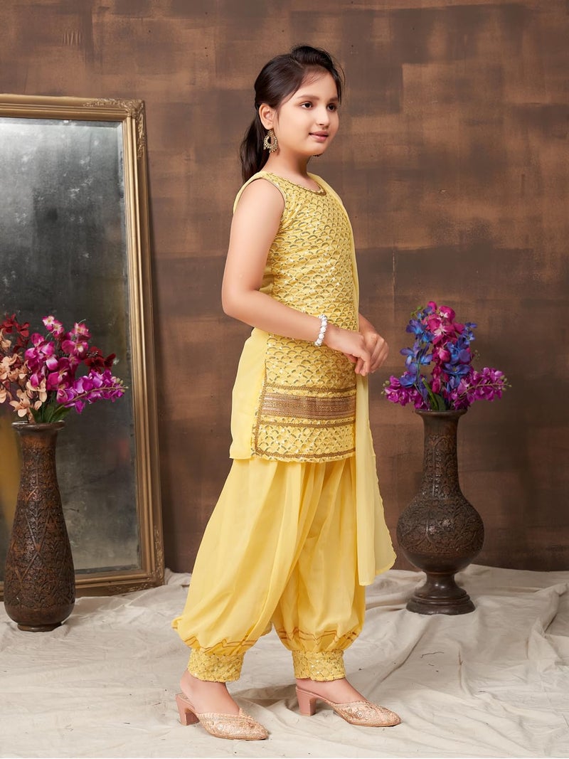 aarikka Aarika Girls Ethnic Wear Yellow Colour Sequin Embroidery Lace Work Georgette Kurti Patiala Set (4-10 Years) - Image 3