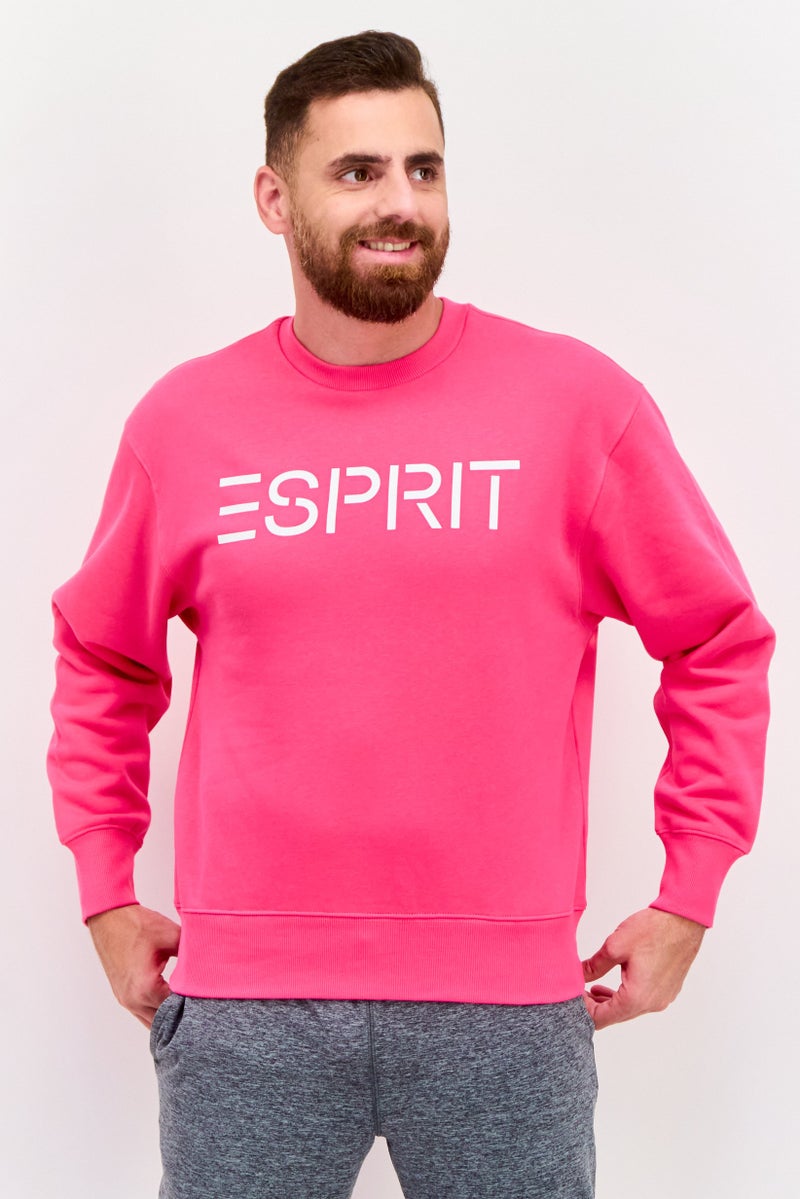 ESPRIT سويت شيرت بقلنسوة للرجال بأكمام طويلة بشعار العلامة التجارية، وردي - Image 1