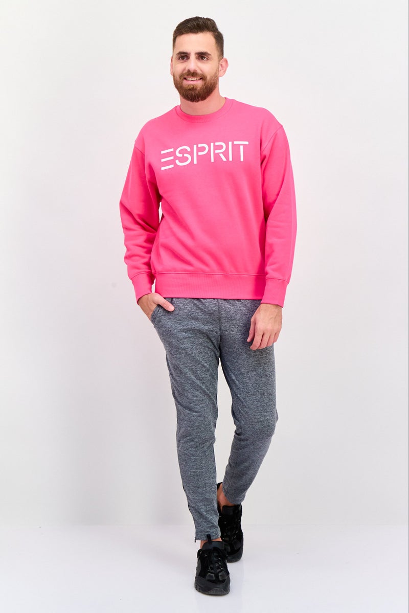 ESPRIT سويت شيرت بقلنسوة للرجال بأكمام طويلة بشعار العلامة التجارية، وردي - Image 4