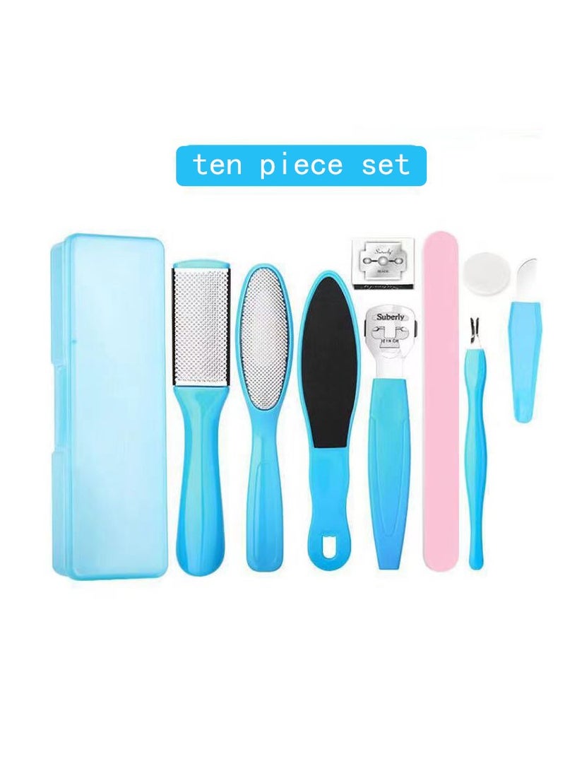 طقم سبا احترافي للقدمين، طقم العناية بالقدم 10 في 1، طقم العناية بالقدم من الفولاذ المقاوم للصدأ، مبرد القدم لإزالة الجلد الميت، طقم باديكير القدم، طقم مبرد القدم، مزيل مسامير القدم (أزرق)