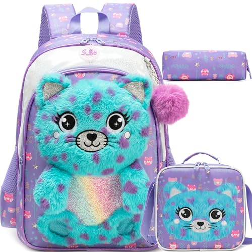 Meetbelify Kids Backpacks for Girls School Backpack with Lunch Bag Pencil Case for Elementary Student 3D Carton Plush Kids Travel School Bag for Girls Ages 6-8 Years Old - Image 1