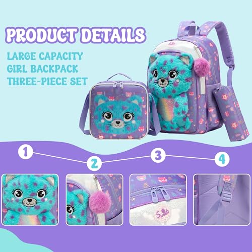 Meetbelify Kids Backpacks for Girls School Backpack with Lunch Bag Pencil Case for Elementary Student 3D Carton Plush Kids Travel School Bag for Girls Ages 6-8 Years Old - Image 4