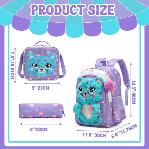Meetbelify Kids Backpacks for Girls School Backpack with Lunch Bag Pencil Case for Elementary Student 3D Carton Plush Kids Travel School Bag for Girls Ages 6-8 Years Old - Image 2