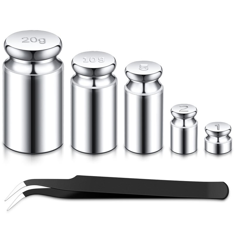 TOODOO 1g 2g 5g 10g 20g Gram Set for Digital Scale Balance and 1 Piece Calibration Weight Tweezer, Silver - Image 1