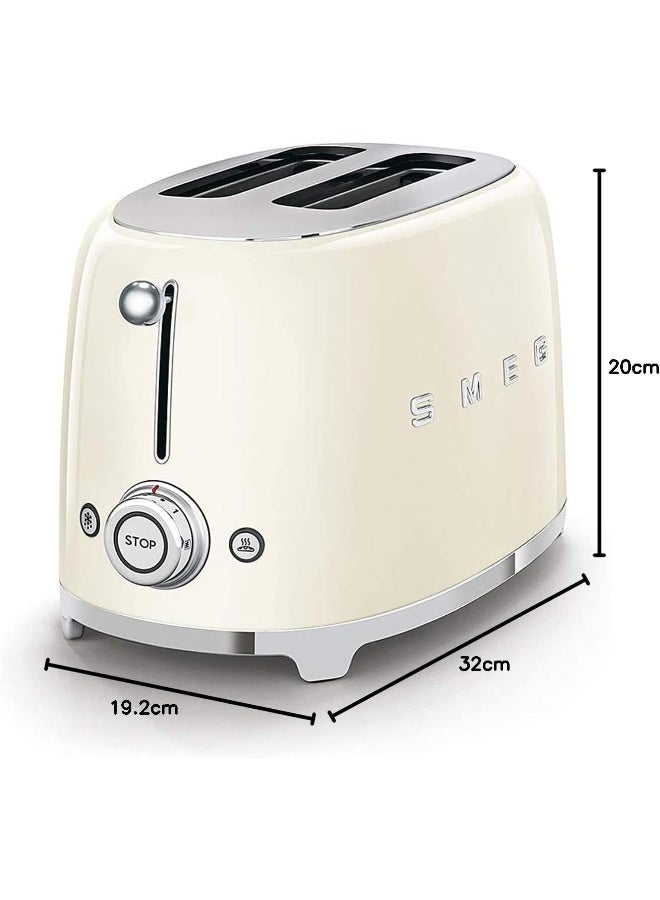 Smeg TSF01CRUK, 50's Retro Style 2 Slice Toaster,6 Browning Levels,2 Extra Wide Bread Slots, Defrost and Reheat Functions, Removable Crumb Tray, Cream 950 W TSF01CRUK Beige/Silver - Image 2
