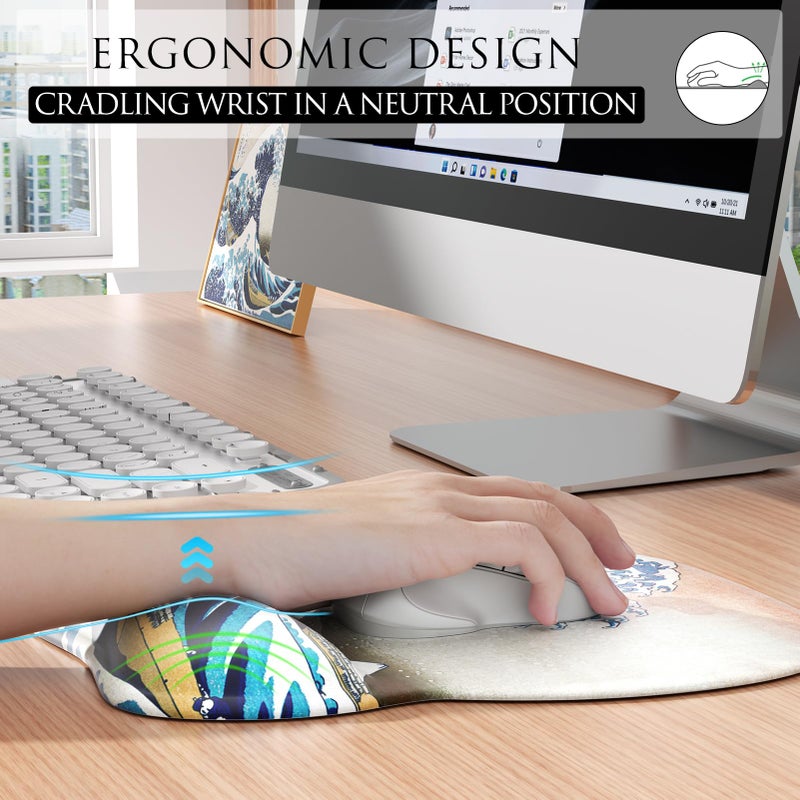 MROCO Ergonomic Mouse Pad with Gel Wrist Rest, Smooth Wrist Support Surface, Non-Slip PU Base for Pain Relief, Comfortable Mousepad for Computer, Laptop, Office & Home, 9.4 x 8.1 in, Great Wave - Image 4