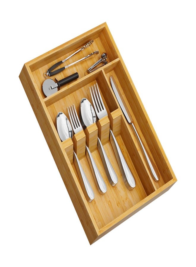 Yofidra Bamboo Silverware Organizer, 13.8 x 9.84 x 1.96 Inches Kitchen Utensil Drawer Organizer, Silverware Tray for Drawer with Fixed Slots for Spoons, Forks & Knives, Natural - Image 1
