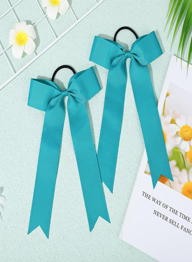 DEEKA 16 PCS Collegiate Style Cheer Bows Long Tail Skinny Bow Handmade Elastic Band Ponytail Holder for Girls Teens Softball Cheerleader Sports -Teal - Image 5