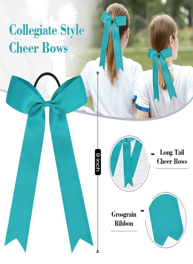 DEEKA 16 PCS Collegiate Style Cheer Bows Long Tail Skinny Bow Handmade Elastic Band Ponytail Holder for Girls Teens Softball Cheerleader Sports -Teal - Image 2