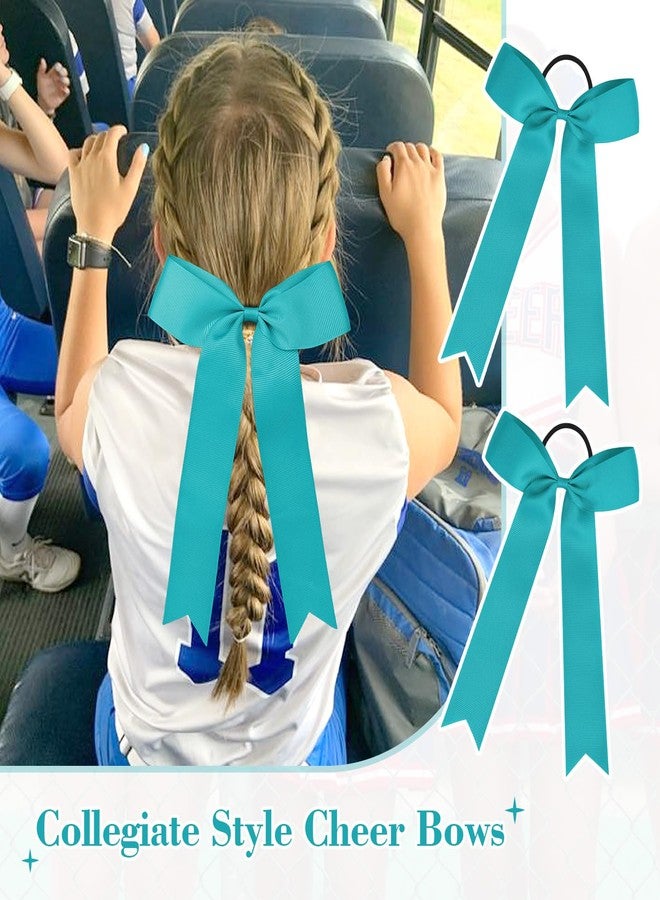 DEEKA 16 PCS Collegiate Style Cheer Bows Long Tail Skinny Bow Handmade Elastic Band Ponytail Holder for Girls Teens Softball Cheerleader Sports -Teal - Image 3