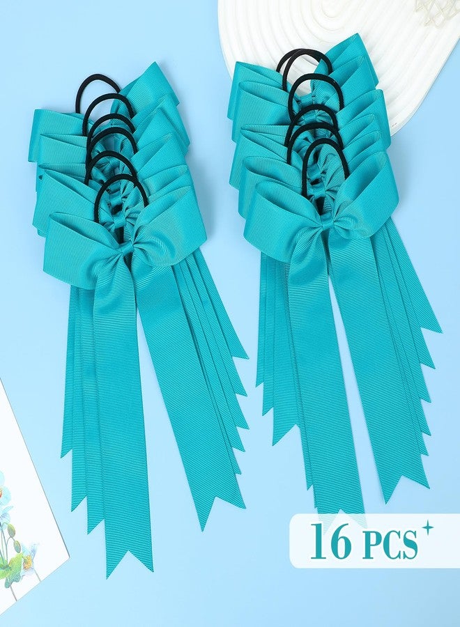 DEEKA 16 PCS Collegiate Style Cheer Bows Long Tail Skinny Bow Handmade Elastic Band Ponytail Holder for Girls Teens Softball Cheerleader Sports -Teal - Image 4