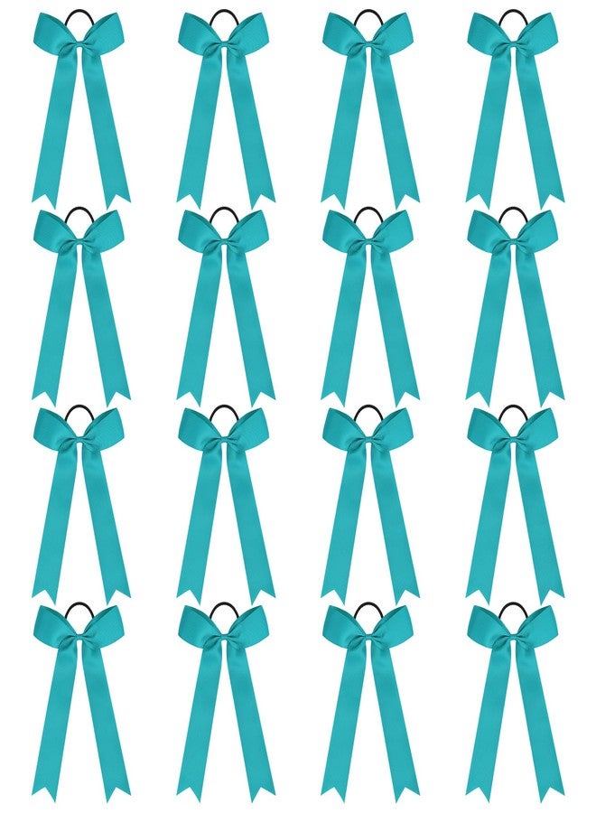 DEEKA 16 PCS Collegiate Style Cheer Bows Long Tail Skinny Bow Handmade Elastic Band Ponytail Holder for Girls Teens Softball Cheerleader Sports -Teal - Image 1