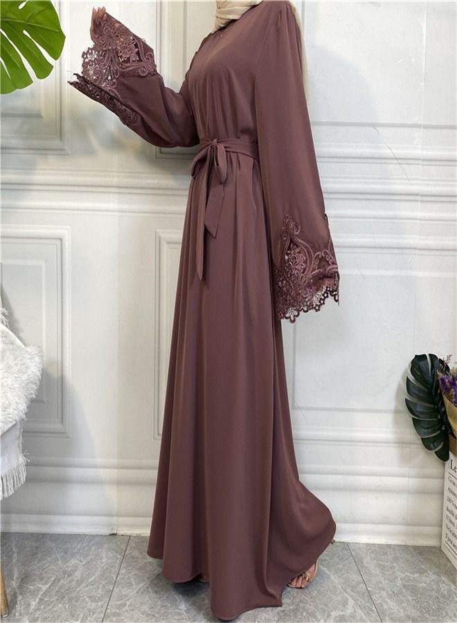 Loquat Women's Solid Color Lace Zippered Dress Abaya Brown  - Image 2