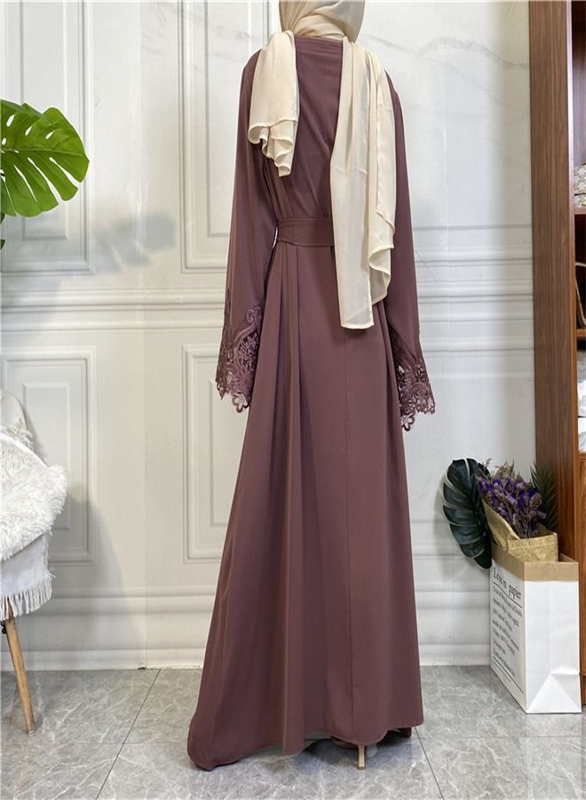 Loquat Women's Solid Color Lace Zippered Dress Abaya Brown  - Image 3