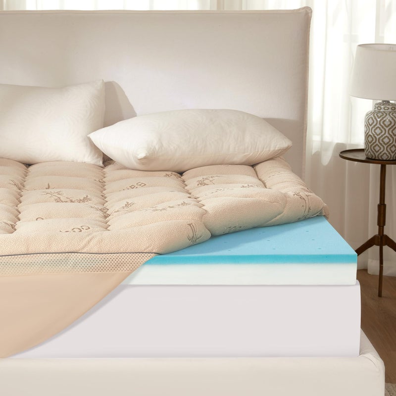 BEDLORE 4 Inch Memory Foam Mattress Topper King,2-in-1 Dual Layer Design (2" Gel Memory Foam + 2" Plush Pillow Top Cover) Mattress Topper Medium-Firm,Pressure Relief & Back Pain Support(Beige) - Image 1
