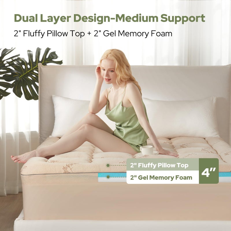 BEDLORE 4 Inch Memory Foam Mattress Topper King,2-in-1 Dual Layer Design (2" Gel Memory Foam + 2" Plush Pillow Top Cover) Mattress Topper Medium-Firm,Pressure Relief & Back Pain Support(Beige) - Image 2