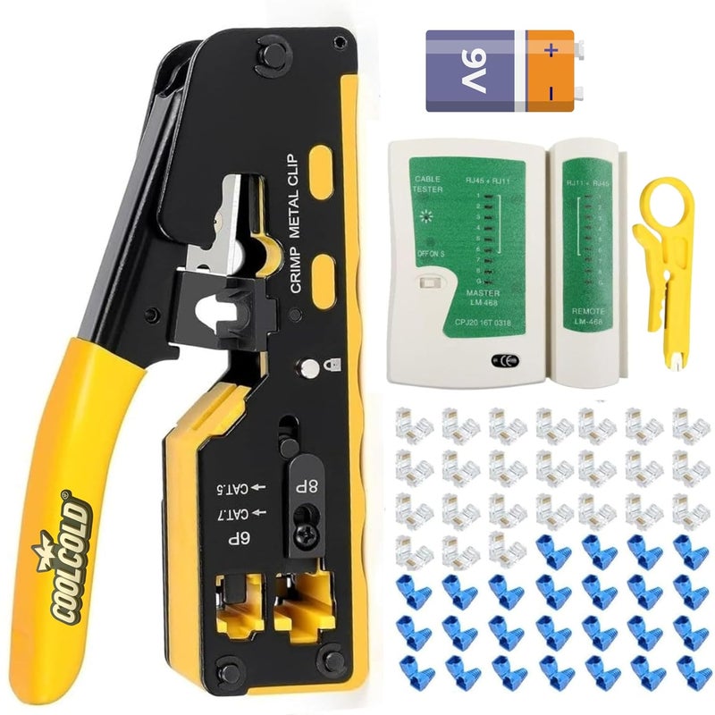 COOLCOLD RJ45 Crimping Tool Kit – All-in-One Passthrough Ethernet Crimper for Cat5/Cat6/Cat7 – Includes Network Cable Tester with Battery, 50pc Cat6 Pass-Through Connectors & 50pc Boots(Multicolor) - Image 1