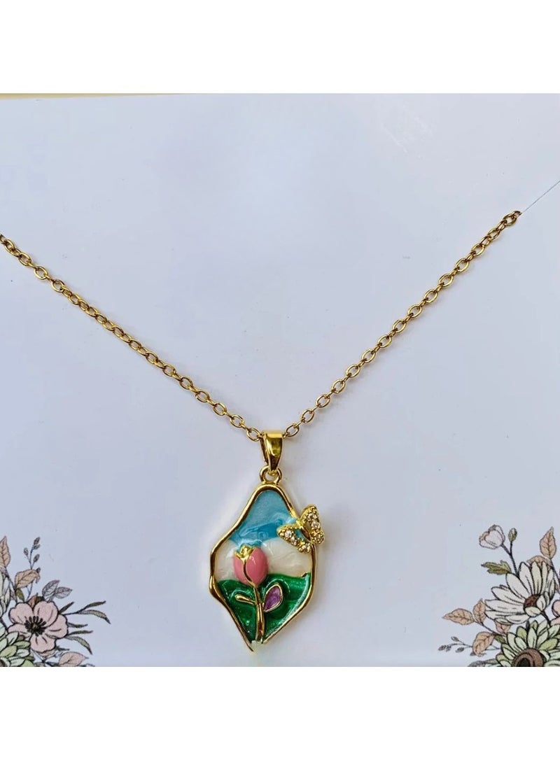Rwnq Luxury Gold "Spring Plate" Women's Accessory Chain in 316 Stainless Steel | Artistic Enamel Design and Inlaid Butterfly | Lifetime Water and Rust Resistant.  - Image 5