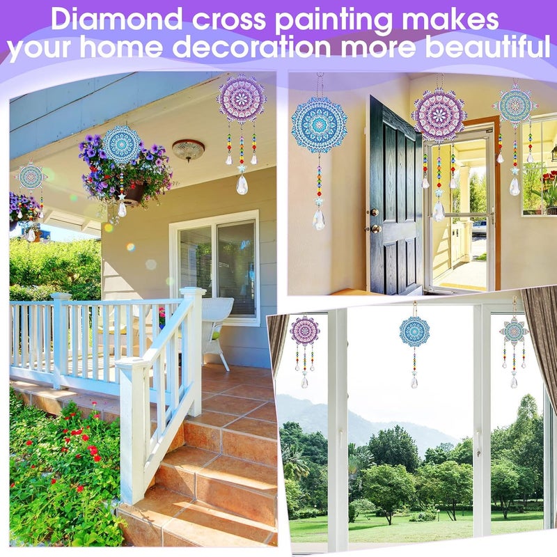 Macarrie مجموعة ماكاري 3 حبات من زينة الرسم بالأحجار الكريمة، جرس الرياح، مزدوجة الجوانب، زينة كريستالية، شكل زهرة، مجموعة زينة للبالغين، اصنعها بنفسك، نافذة، منزل، حديقة، أسلوب عصري - Image 3