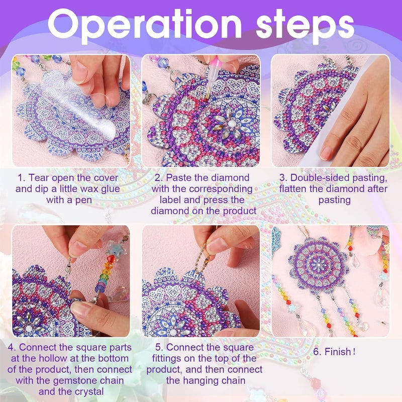 Macarrie مجموعة ماكاري 3 حبات من زينة الرسم بالأحجار الكريمة، جرس الرياح، مزدوجة الجوانب، زينة كريستالية، شكل زهرة، مجموعة زينة للبالغين، اصنعها بنفسك، نافذة، منزل، حديقة، أسلوب عصري - Image 4