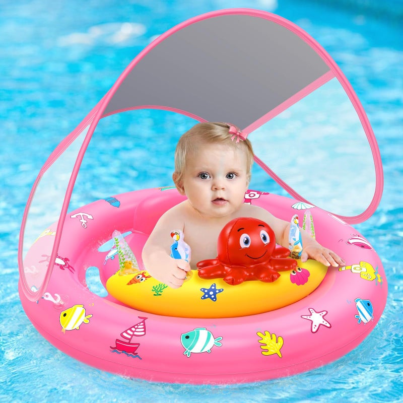 HINZER Baby Pool Float with Canopy, Inflatable Baby Swim Float with UPF50+ Sun Protection, Toddler Infant Pool Float with Toy Play Console Adjustable Safety Seat for Kids Girls Boys Aged 6-36 Months - Image 1