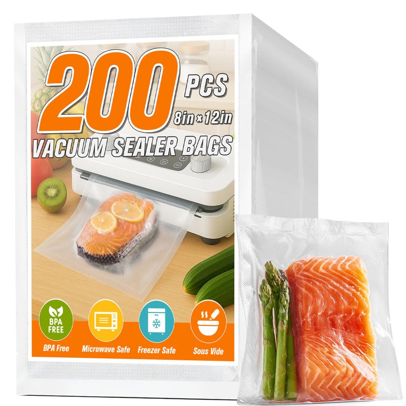 FUNFERY Precut Vacuum Sealer Bags for food, 200 Quart 8" x 12", Food Long-Term Storage and Sous Vide Commercial-Grade Bag, BPA Free for Microwave, Boiling,Sous vide, Refrigerator - Image 1