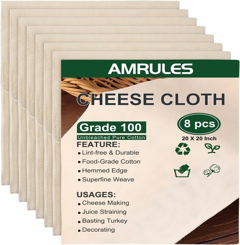 Amrules Cheese Cloths for Straining, 8PCS 20x20 Inch Grade 100 Cheese Cloth, Reusable Washable Unbleached Pure Cotton Cheesecloth for Cooking and Cheese Making with Hemmed Edge - Image 1
