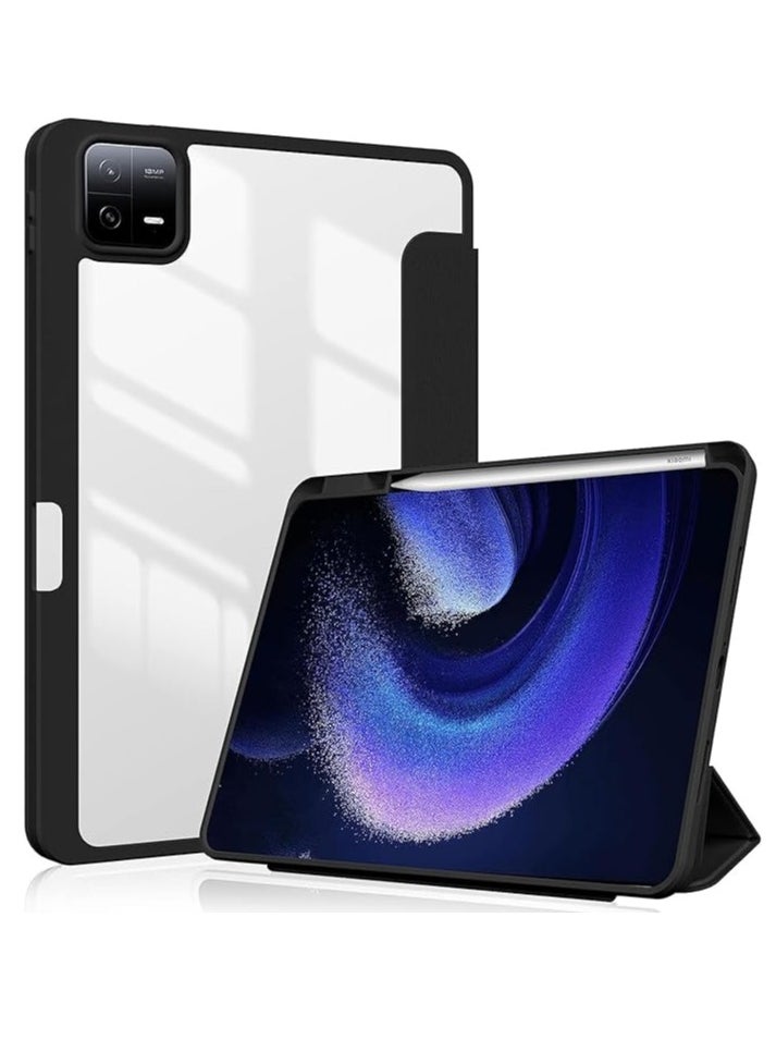 EVO Smart Flip Case Cover for Xiaomi Mi Pad 6 11 inch Tablet, Transparent Back with Pen Holder, Black  - Image 1