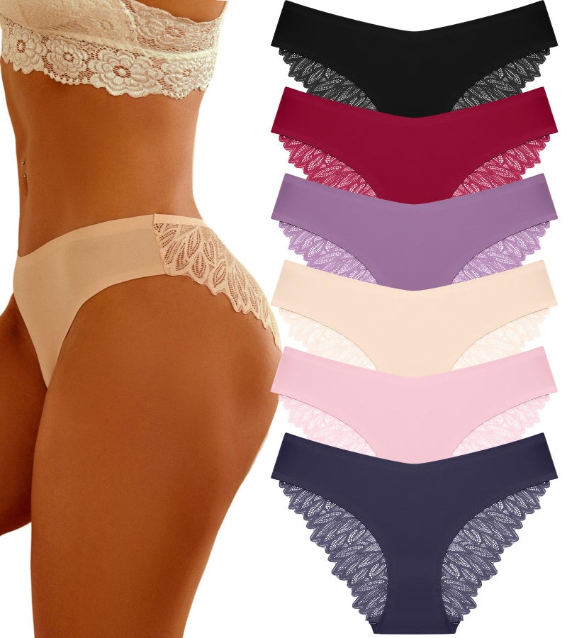 FINETOO 6 Pack Sexy Underwear for Women Silky Seamless No Show Panties Ladies Lace Bikini Lightweight Cheeky Hipster(M) - Image 1