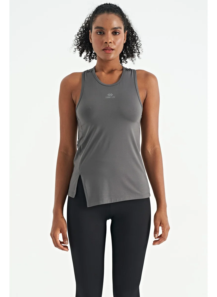 Tommy Life Dark Gray Slit Detailed O Neck Zero Sleeve Standard Pattern Women's Sports Undershirt - 97256